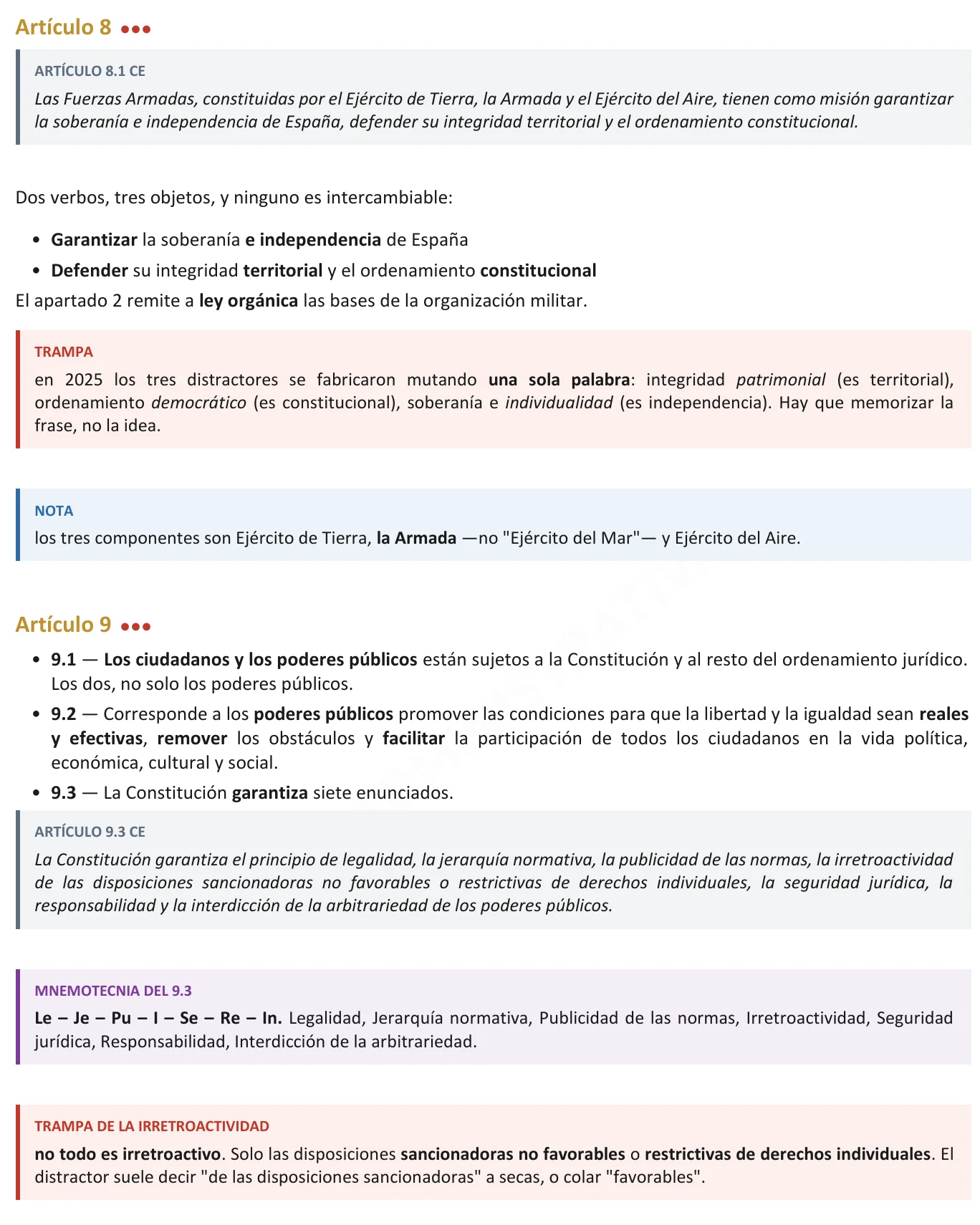 Artículos 8 y 9 de la Constitución con cajas de trampa, notas y mnemotecnia