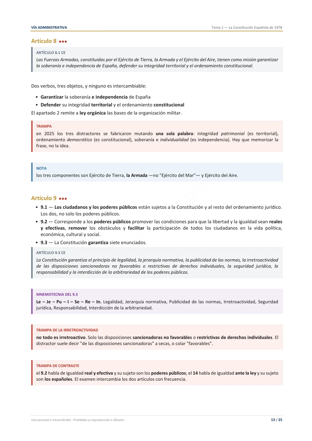 Artículos 8 y 9 de la Constitución con notas, mnemotecnia y trampas de examen