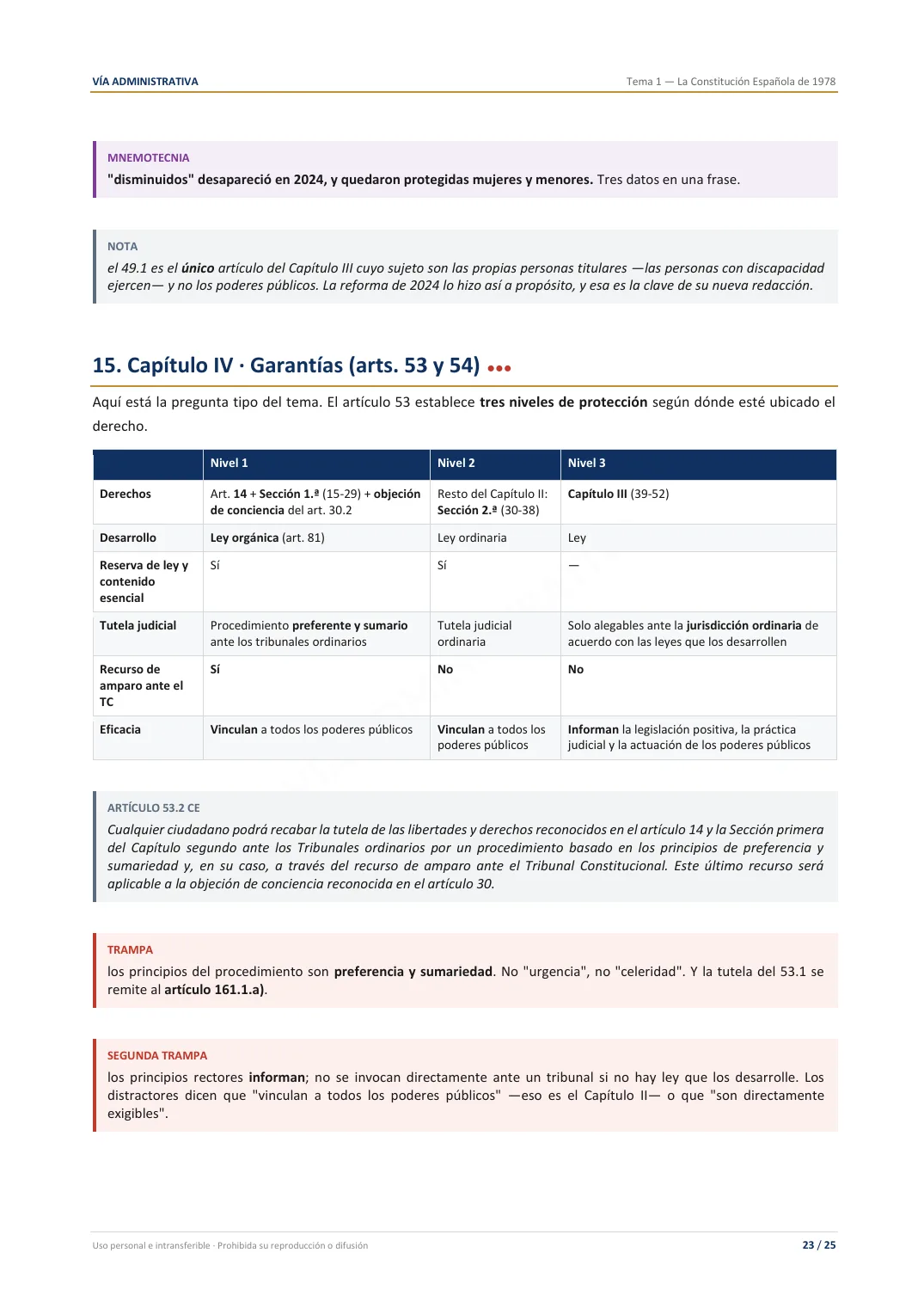Tabla del Tema 1 que compara los tres niveles de garantías constitucionales